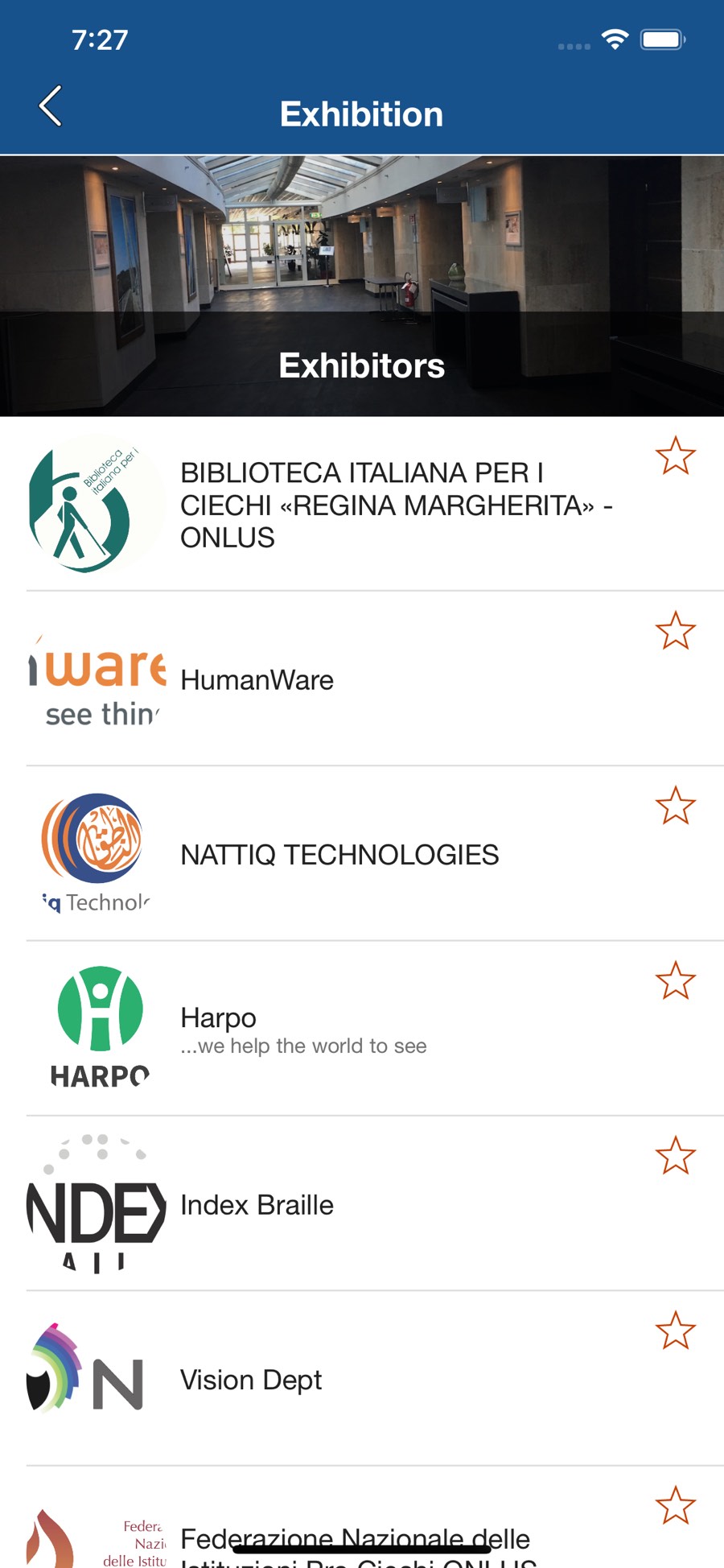 Schermata dettaglio espositori dell'app EBU