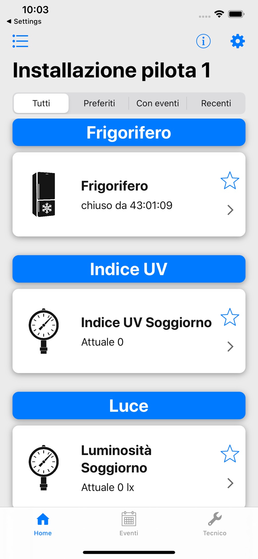 Schermata principale dell'app WimHome
