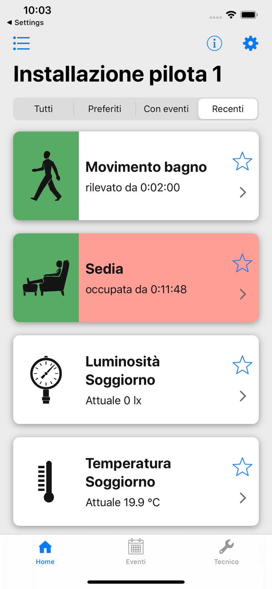 Schermata principale dell'app WimHome