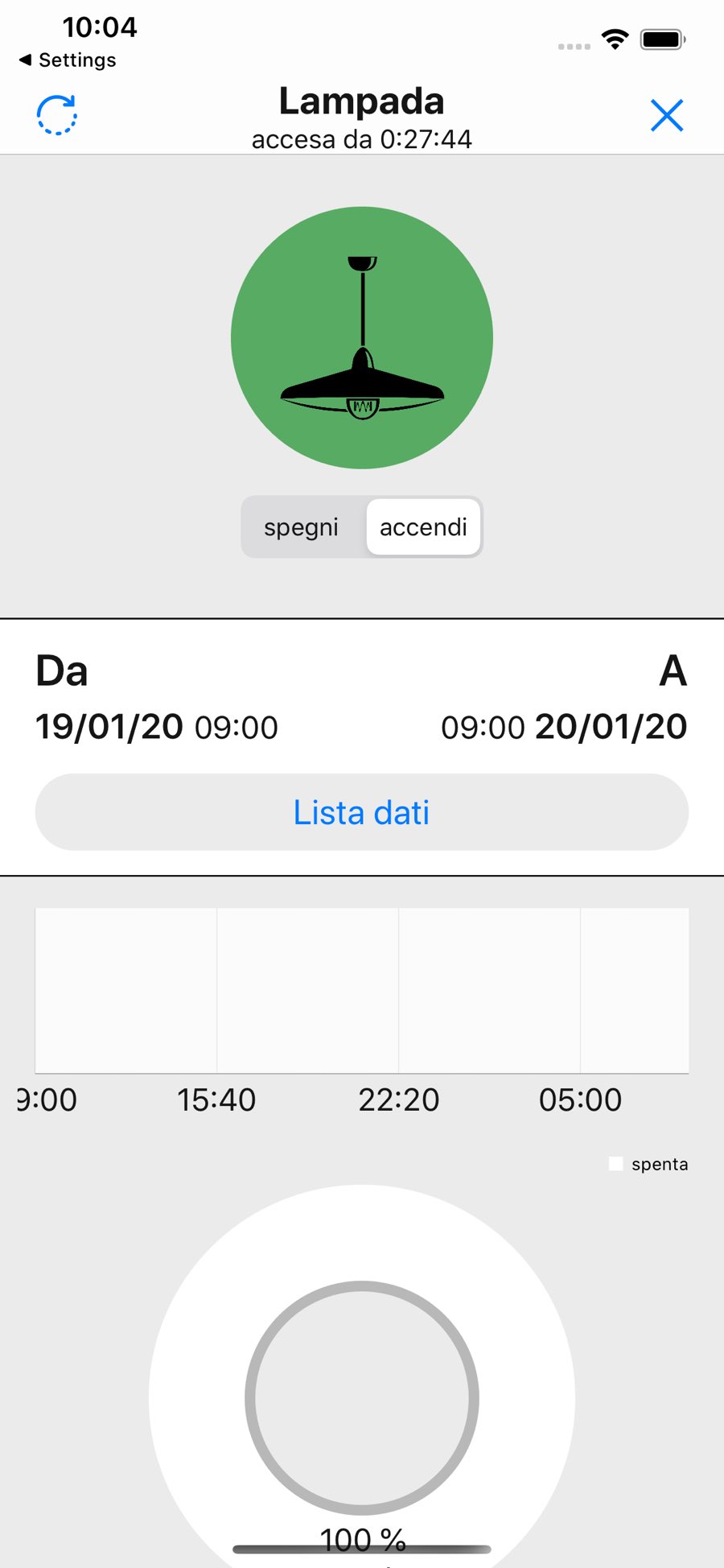 Schermata dettaglio dispositivo lampada dell'app WimHome
